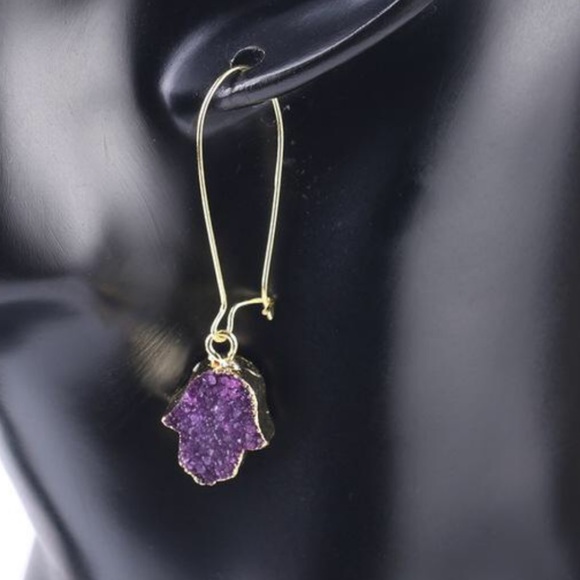 New Handmade Druzy Hamsa Hand Drop Earrings 💜 - Picture 1 of 10